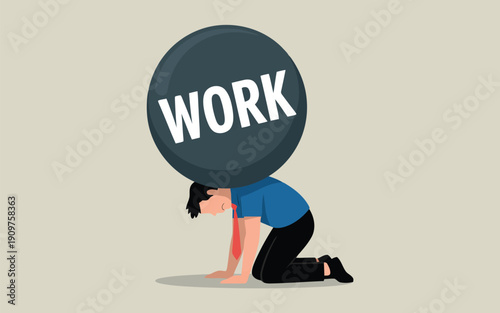 A businessman is completely crushed and exhausted under a massive sphere labeled WORK
