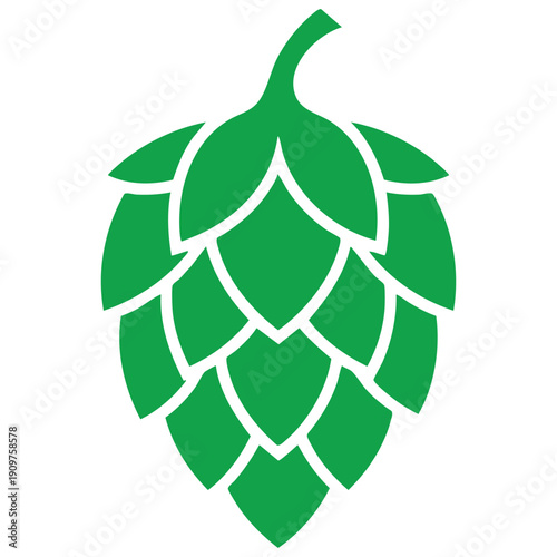  Green silhouette of a hop cone with layered scales and a stem on a white background