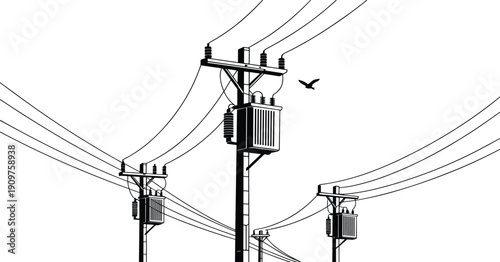 Electric power lines with transformers vector illustration, utility poles and cables, black and white industrial energy infrastructure design