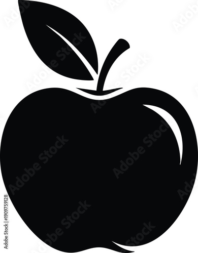 Simple black silhouette of a ripe apple with a single leaf and stem on a white background
