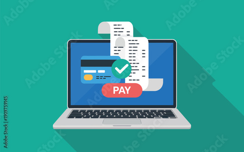 A computer screen shows a digital payment confirmation with a credit card and long receipt