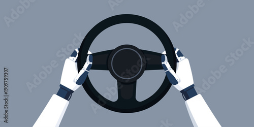 AI robot holding a steering wheel and driving a car