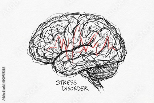 brain shows a jagged red line indicating STRESS DISORDER