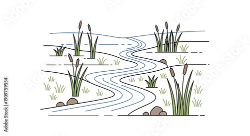 Minimalist linear illustration of a winding river flowing through a natural landscape with cattails and grass, depicting a serene outdoor environment.