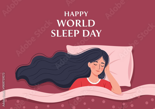 Happy world sleep day illustration with a sleeping woman