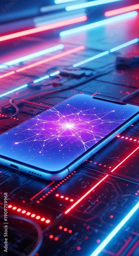 Fototapeta premium Smartphone with glowing screen lies on futuristic circuit board surrounded by neon lights