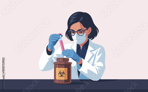 A dedicated female scientist wearing personal protective equipment holds a test tube