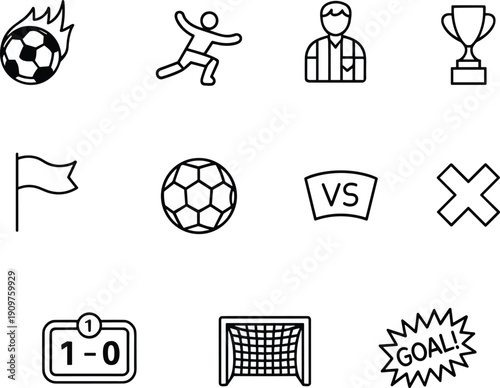 Soccer football line icon set vector, sports match symbols including player, ball, goal, trophy, scoreboard design