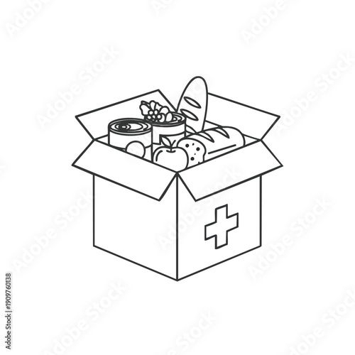 A box filled with various food items and a medical cross on the side, viewed from above, illustrating a donation or aid package.