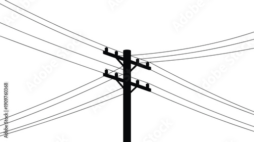 Utility pole with power lines vector illustration, electricity distribution cables black and white infrastructure design