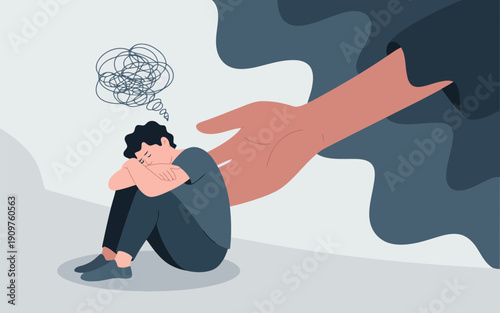 A distressed individual sits curled up with jumbled thoughts receiving comforting support