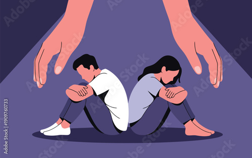 A distressed man and woman sit back to back on the floor, with large hands offering protection