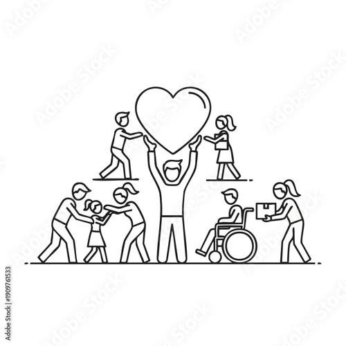People lifting a heart together in support, surrounded by individuals in need, showcasing kindness and compassion in a heartwarming illustration