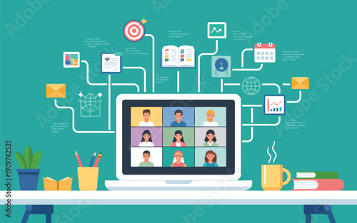 A laptop displaying a video conference call with many connected business and education icons on a green background
