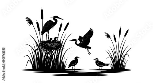 Silhouette of herons and their chicks in a nest among reeds by the water.