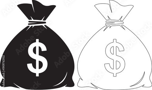 Two money bag icons with dollar signs, one filled and one outlined, symbolizing finance and investment.