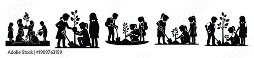 National Arbor Day school children planting vector icon set. Arbor Day creative concept and Simple illustration, icon design solid black color with white background.