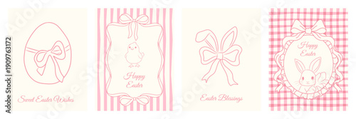 Easter hand drawn vintage greeting card set with bows, bunny, chick, ribbon frames and egg illustrations. Whimsical spring template for greeting cards, party invites and holiday posters.