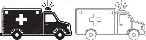 Two ambulance icons, one filled and one outlined, with cross and light on top, for medical emergency transport.