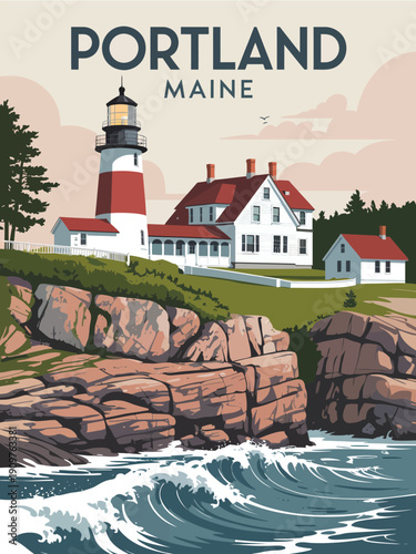Φωτογραφία Portland Maine Poster, vintage travel illustration with navy typography clean li
