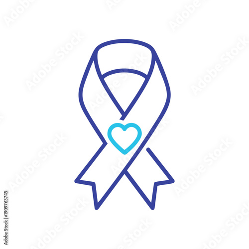 Simple blue ribbon with heart symbolizing charity and awareness on a transparent background illustration