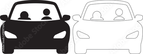 Two cars with two people in each, one in black and one in line art on white background.