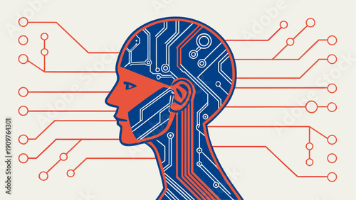 Realistic artificial intelligence concept showing human head with circuit board brain and glowing digital network connections on technology background.