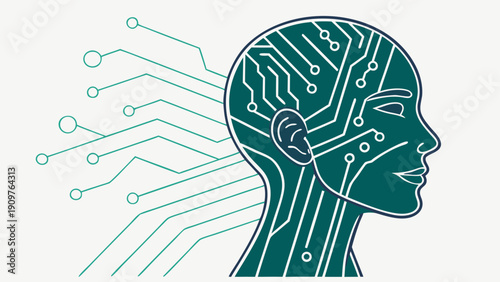 Futuristic virtual concept showing human head with electronic brain circuits, symbolizing AI development, engineering technology, and digital transformation.