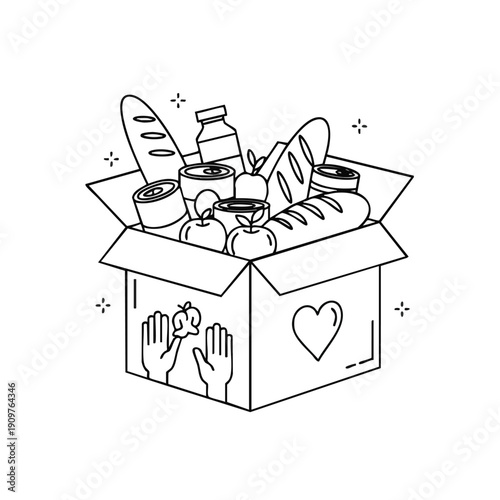 Food donation box overflowing with groceries and essentials illustration