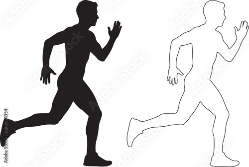 Silhouette and outline of a man running, showcasing dynamic movement and athleticism against a clean white background.