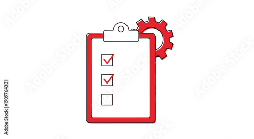 Red clipboard with checklist and gear icon
