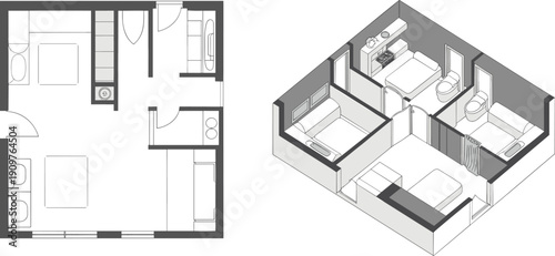 Architectural house floor plan bundle with 3D isometric interior layouts and bathroom furniture icon sets for professional real estate and home renovation vector projects.