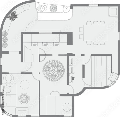 Luxury apartment floor plan vector illustration featuring curved wall design spacious living area dining room with long table and circular architectural foyer layout.