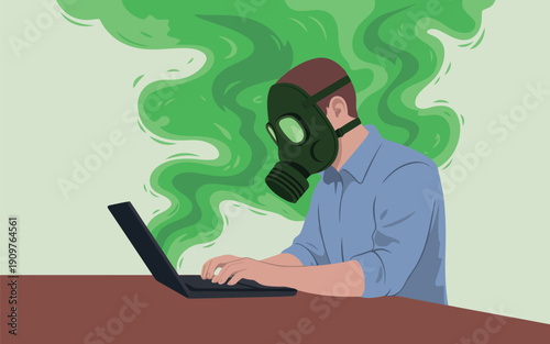 A man in a casual shirt wearing a gas mask operates a laptop amid a cloud of green smoke