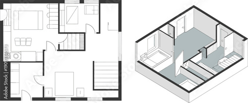 Modern architectural house floor plan and 3D isometric interior layout vector illustration with living room, bedroom, kitchen, bathroom, and stairs for real estate project.