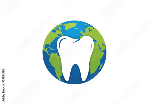 A white tooth on a globe with continents