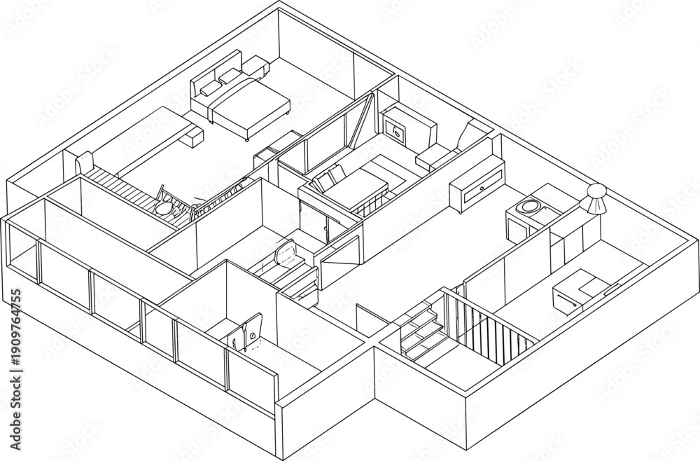 Fototapeta premium Isometric line art vector illustration of a modern apartment interior floor plan featuring a bedroom, living area, kitchen, and bathroom for architectural design projects.
