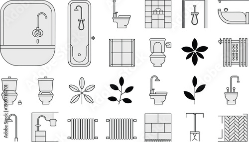 Bathroom interior design icons set, 2D vector flat line art symbols for plumbing fixtures and sanitary ware, architectural blueprint elements for home renovation.
