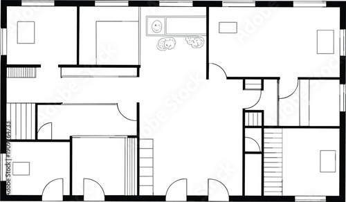 Hand drawn architectural floor plan of a modern house interior layout with multiple rooms, furniture symbols, windows, doors, and technical vector construction sketch.
