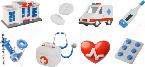 3D icon set: hospital, pills, ambulance, first aid kit, thermometer, syringe, and heart.