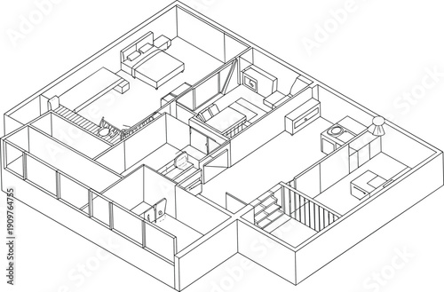 Isometric line art vector illustration of a modern apartment interior floor plan featuring a bedroom, living area, kitchen, and bathroom for architectural design projects.