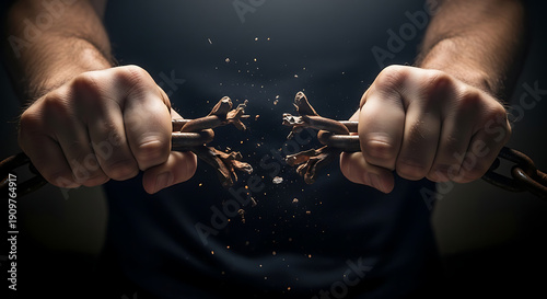 Wallpaper Mural Man Breaking Rusty Iron Chains with Bare Hands, Concept of Freedom and Strength Torontodigital.ca