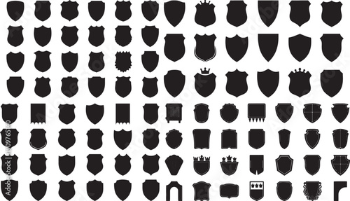 collection of black shield icons on white background