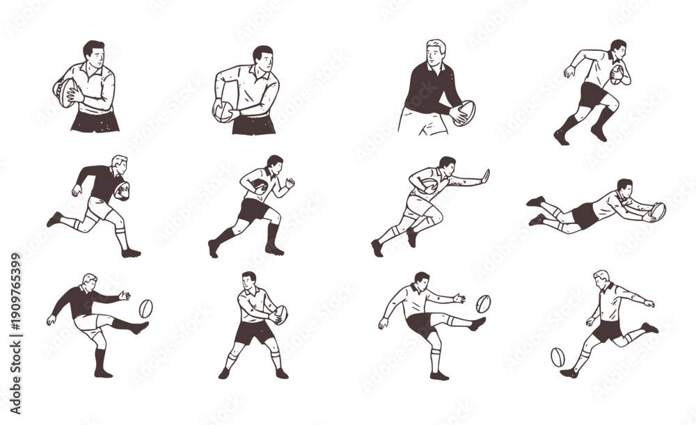 Fototapeta premium Minimalist Grey and Yellow Rugby Player Set - Textured Retro Hand Drawn Sport Vector Graphics Isolated on White