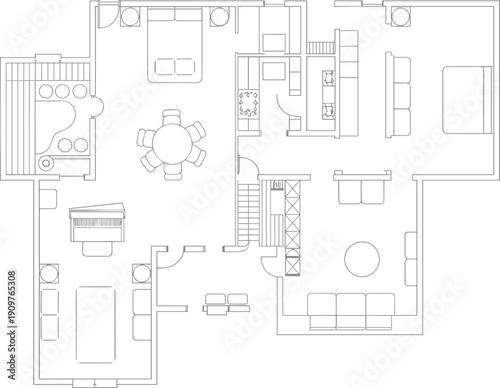 Detailed house floor plan vector illustration featuring open concept living area large dining table grand piano kitchen workspace and multiple bedroom residential layout.