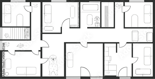Top view 2D line art vector illustration of a multi-unit apartment floor plan featuring multiple rooms, bathrooms, and corridors for architectural planning.