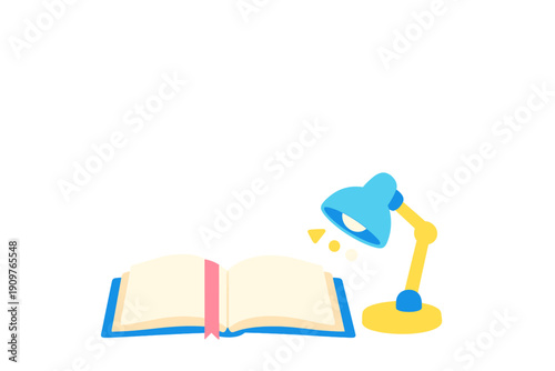 Open book and desk lamp on a white background showing a study scene during daytime hours for a learning environment