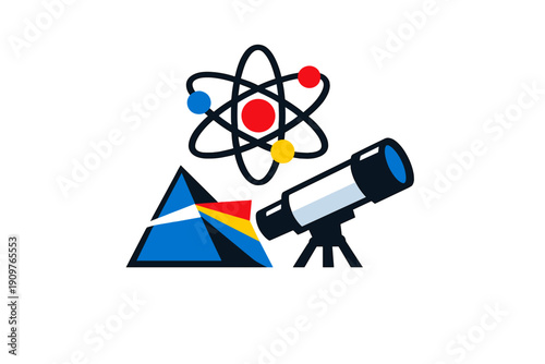 Science symbols with a telescope, pyramid, and atom in a simple design for educational themes and projects