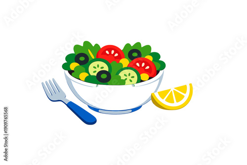 Bowl of salad with fresh vegetables and lemon wedge on a white background, showing a healthy meal option and bright colors of ingredients