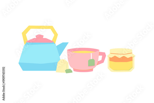 Bright colors show a teapot, tea cup, and jar of honey placed on a plain surface in a simple setup for a tea time scene